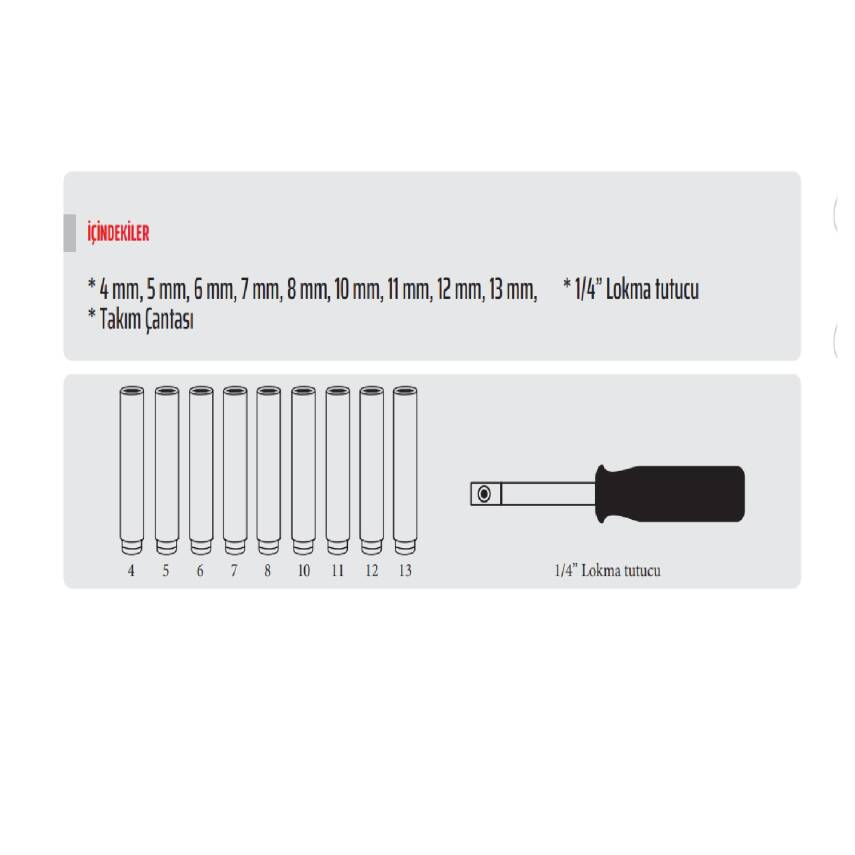10 PARÇA 1/4 6 KÖŞE UZUN LOKMA SET 4-13 - 6
